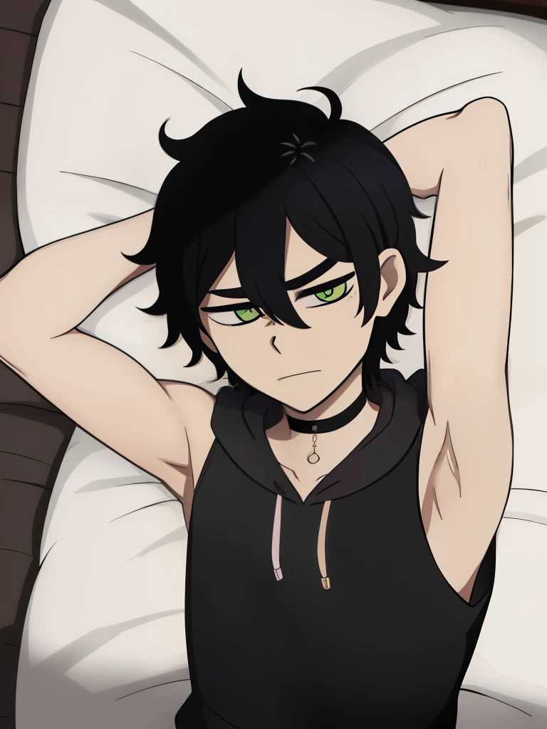 Highres, Monochrome,tcoaal, solo, looking at viewer, short hair, 1boy, Andy, hair between eyes, closed mouth,black hair, green eyes, Body, Choker, (Sleeping on the bed, Seen from above), Sleeveless hoodie, (Showing armpit:1.3), armpit hair, male focus, Simple background, messy hair, bright pupils, outline, white pupils, purple shirt, white outline,