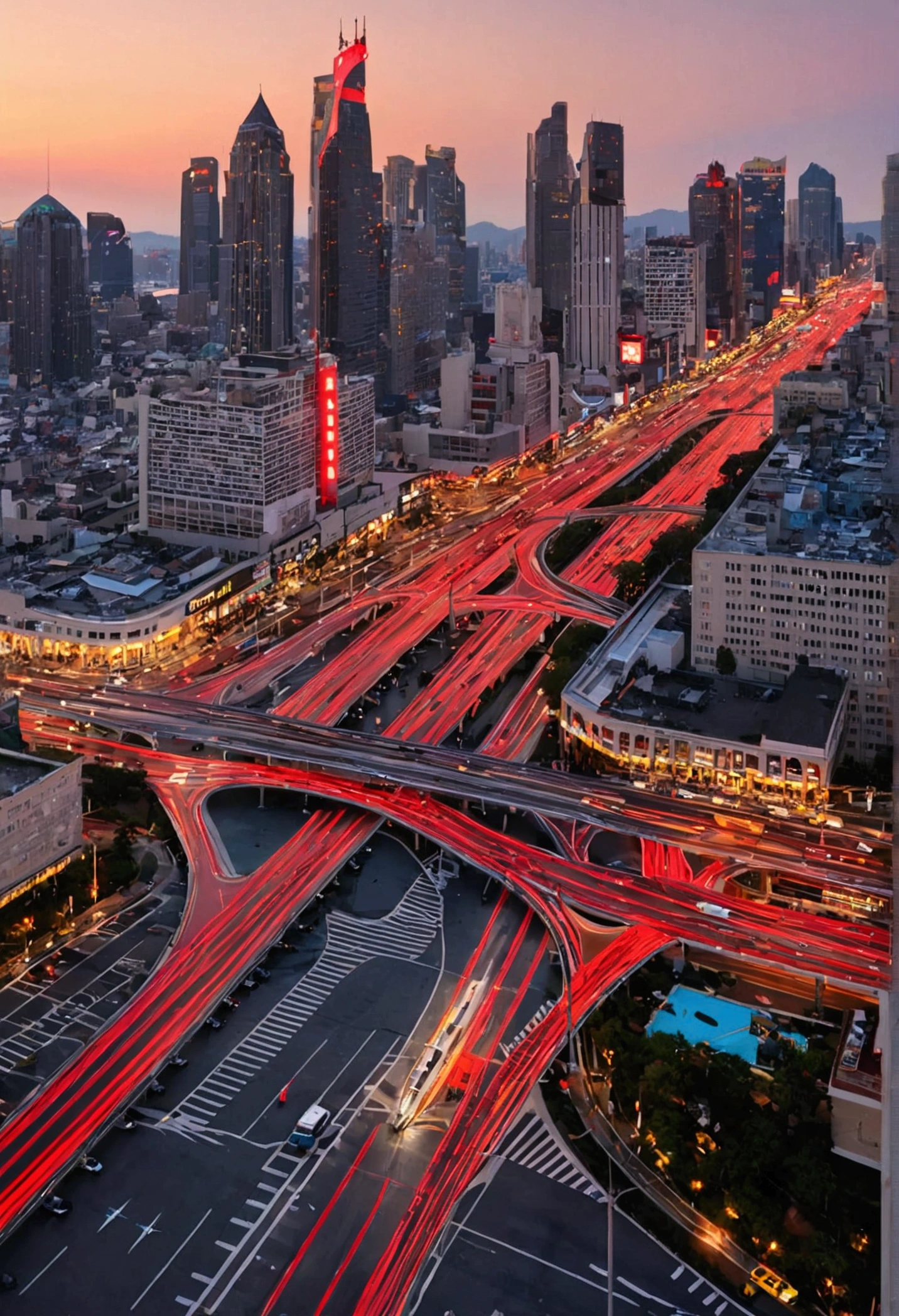 City center at dusk、intersection、car honking、((A red light that stops the flow))、Pedestrians waiting impatiently、Bright city lights reflecting off the wet pavement、Impressive skyline in the background、airplane flying