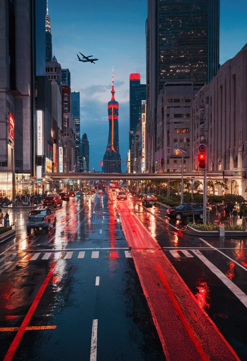 City center at dusk、intersection、car honking、((A red light that stops the flow))、Pedestrians waiting impatiently、Bright city lights reflecting off the wet pavement、Impressive skyline in the background、airplane flying