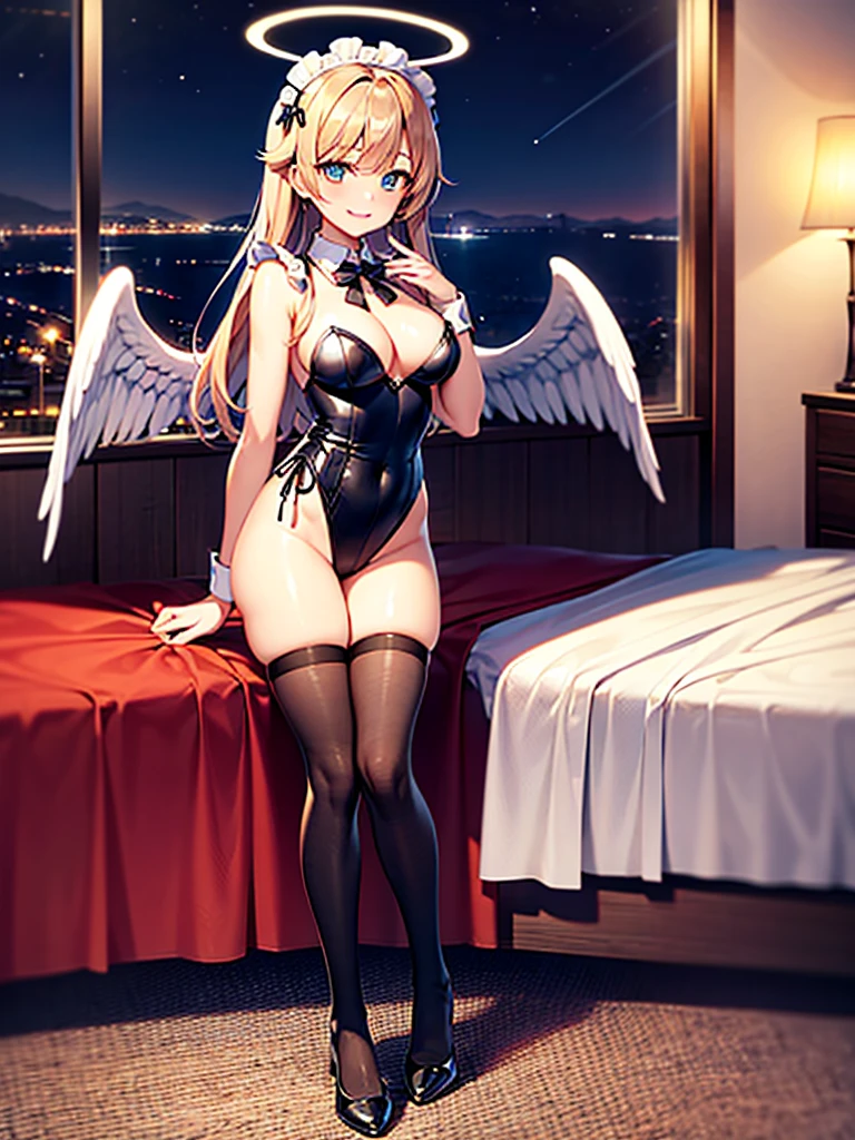 Highest Resolution,8K quality,Smiling beautiful girl in maid leotard,High leg,Frills,White angel wings on your back,Halo,Bedroom,Night view outside the window,Very beautiful eyes,whole body,front,Knee-high stockings,