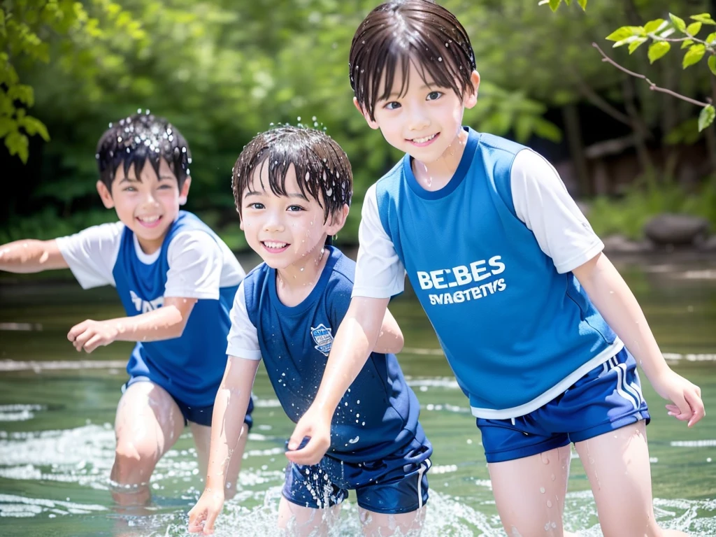 In the forest、 in the countryside、Swimming in the river、Bathing in water、Cute eletary boy、Boy in gym clothes、The bottom of the white T-shirt is blue、Blue shorts、The boys are playing、Get wet all over、Noisy boys、Splashing Water、Japanese、(Boy 1.4)