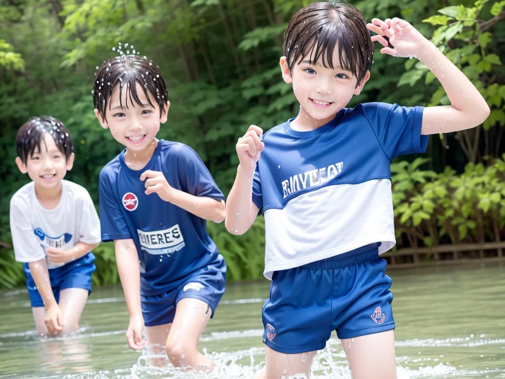 In the forest、 in the countryside、Swimming in the river、Bathing in water、Cute eletary boy、Boy in gym clothes、The bottom of the white T-shirt is blue、Blue shorts、The boys are playing、Get wet all over、Noisy boys、Splashing Water、Japanese、(Boy 1.4)