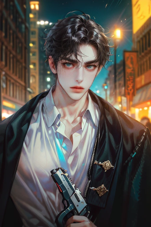 (absurdres, highres, ultra detailed, original character, HDR), 1 boy, solo, adult, handsome, ((tall muscular guy, broad shoulders)), finely detailed eyes, (black hair), hair between eyes, turquoise eyes, holographic, futuristic, casual and sexy outfit, gun holster, (body tight white shirt), ((large man breasts)), ((wearing an earring)), (portrait), dutch angle, face focused, british colonial scenery, dystopian hong kong city, skyscrapers, closed mouth, looking at viewer, depth of field, bokeh