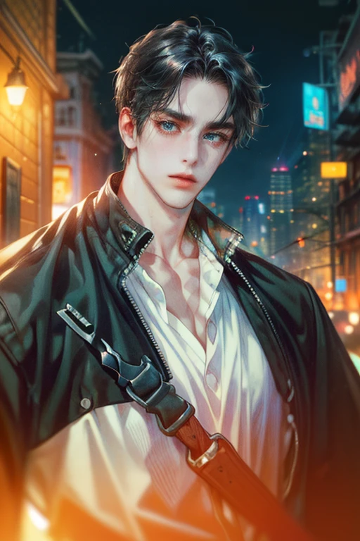 (absurdres, highres, ultra detailed, original character, HDR), 1 boy, solo, adult, handsome, ((tall muscular guy, broad shoulders)), finely detailed eyes, (black hair), hair between eyes, turquoise eyes, holographic, futuristic, casual and sexy outfit, gun holster, (body tight white shirt), ((large man breasts)), ((wearing an earring)), (portrait), dutch angle, face focused, british colonial scenery, dystopian hong kong city, skyscrapers, closed mouth, looking at viewer, depth of field, bokeh