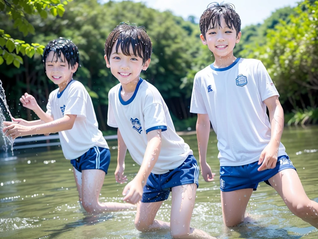 In the forest、 in the countryside、Swimming in the river、Bathing in water、Cute eletary boy、Boy in gym clothes、The bottom of the white T-shirt is blue、Blue shorts、The boys are playing、Get wet all over、Noisy boys、Splashing Water、Japanese、(Boy 1.4)