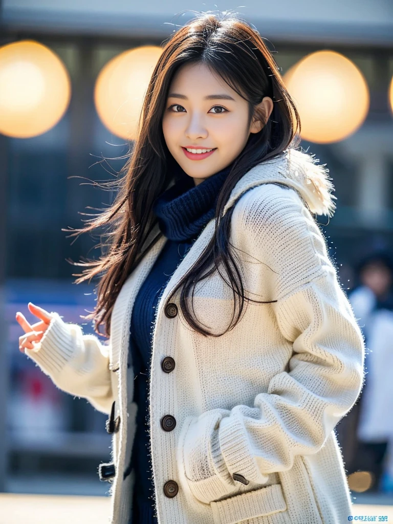 (A photo of a super cute Korean schoolgirl feeling cold while wearing a winter knit:1.2)(Embarrassed look,I grin in embarrassment.:1.1)(Beautiful Sweat:1.1)(16K, RAW Photos, Highest quality, masterpiece: 1.2),(Shiny and beautiful black long hair) Super detailed, Super Resolution, (Genuine, Genuine photos: 1.37), Portraiture, High-resolution RAW color photos, Professional photos, Very detailed, 8k wallpaper, Very detailed CG Unity 8k wallpaper, Very detailed beautiful girls, Very detailed faces, ((whole body)), beautiful woman, Huge breasts,(huge boobs:1.1) (Big Boobs:1.1), beautiful  (Wearing a knitted jacket),high school girl, Korean Girls,(K-POP Female Idols), (Idol-class beauty)(Beautiful high school girl:1.1)(A quiet fishing port in midwinter)(16 years old)Date,Fluffy gloves,neck warmer,from side