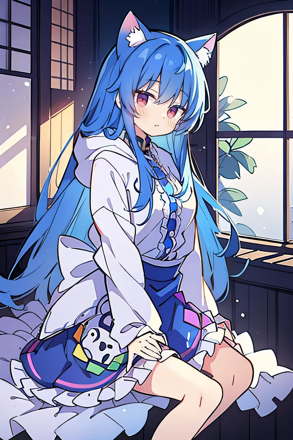 （masterpiece：1.2），Super detailed，lifelike，Expressive eyes，fair skin，perfect face shape，1 girl，
Japanese comics,Gorgeous blue hair,flowing blue hair,flowing clothes,Cat ears,Petals fall,beautiful lola,Baby Angel,
Shaking head with one hand，Cross your legs，Gentle and peaceful background，The pavilion is cool and comfortable,smile, wearing hoodie, In front of the window,snowing