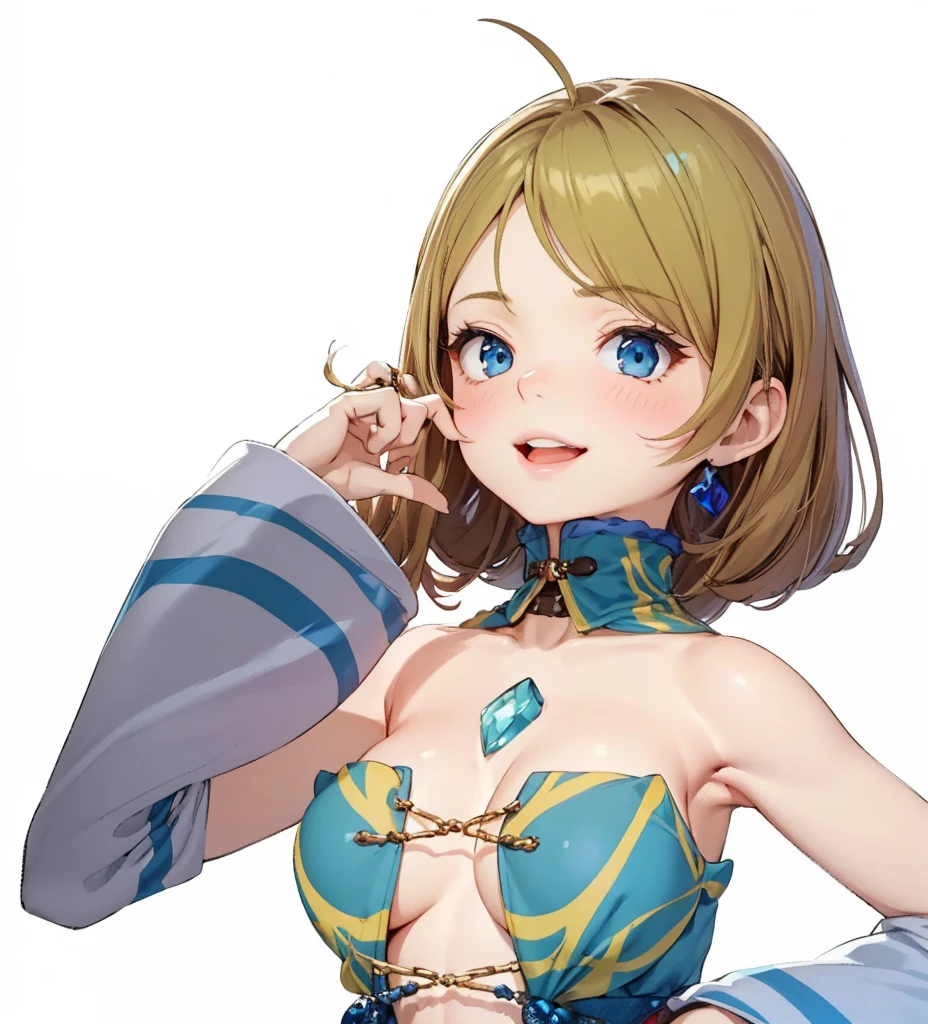 beautiful girl,Jewels on the ?????,(???????????:1.3),(Looking down:1.3),Brown Hair,Blue Eyes,Slanted Eyes,smile,Cleavage,Blue necklace,dress,delicate,4K,8k,Highest quality