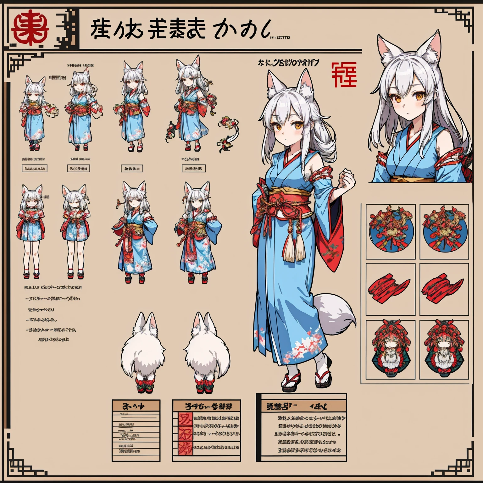 Character Sheet, A graceful wild fox girl with mostly silver hair, Japanese Shrine Maiden Costume, variation, Highest quality, pixel