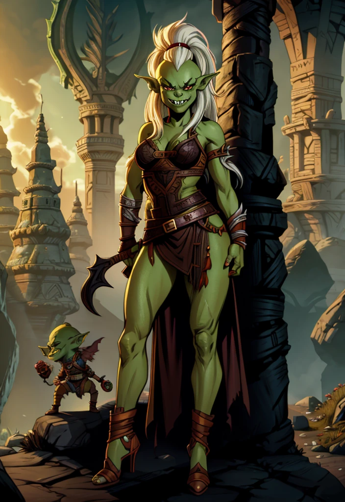 UHD  8k, HDR+, a cartoon of a woman with a green face anD white hair, goblin girl DnD character, goblin female portrait, green skin, Drak fantasy goblin, green orc woman, goblin art, D&D goblin rogue, full color illustration, Dжули Белл Бипл, orc themeD, female orc, goblin, epic full color illustration, from pathfinDer, full art illustration, high heels, high heel shoes