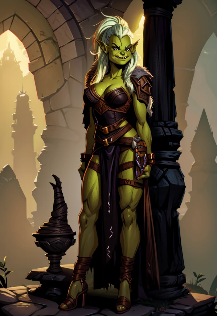 UHD  8k, HDR+, a cartoon of a woman with a green face anD white hair, goblin girl DnD character, goblin female portrait, green skin, Drak fantasy goblin, green orc woman, goblin art, D&D goblin rogue, full color illustration, Dжули Белл Бипл, orc themeD, female orc, goblin, epic full color illustration, from pathfinDer, full art illustration, high heels, high heel shoes