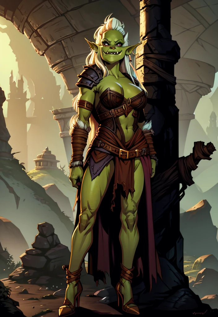 UHD  8k, HDR+, a cartoon of a woman with a green face anD white hair, goblin girl DnD character, goblin female portrait, green skin, Drak fantasy goblin, green orc woman, goblin art, D&D goblin rogue, full color illustration, Dжули Белл Бипл, orc themeD, female orc, goblin, epic full color illustration, from pathfinDer, full art illustration, high heels, high heel shoes