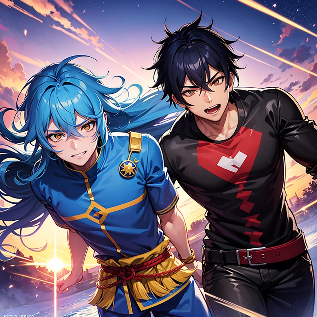 Japanese anime style, Gaming texture, manga cover style, hero VConUPLE, A close up of A man Person Walking Facing Right, high angle perspective, a Mouth Smile, Boys Face style, Black with Blue Japanese Hairstyles For Men, Yellow_Eyes, skill Efforts, light, Blue flames cool, High, a anime Highest style, Blue Hair, powerful, T-shirts, Color cape Blue, a in cool Realistis, a scenery sunset background Buram Perbesaran, digital anime style, sunset, UHD, Lens flare, digital Style, manga cover style, 3d cg rendering, HD Best quality
