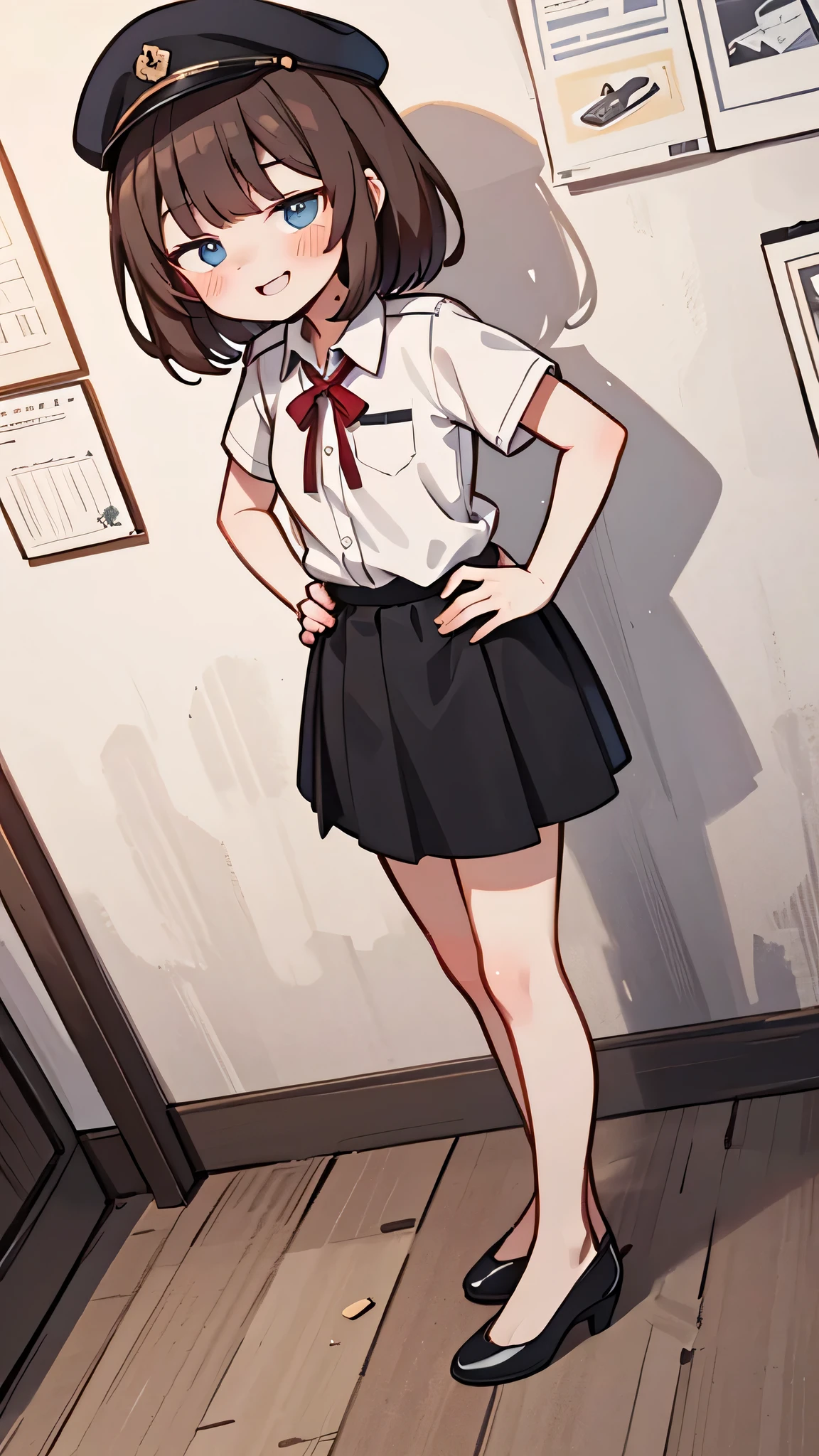 {Highest quality}, {Super beautiful},{Ultra fine},{Best illustration},Brown Hair,Hime cut,semi-long,Bangs,Standing Woman,Uniform cap,White Shirt,Short sleeve,Long black skirt,Night Park,Embarrassed,smilingly,Blushing,Slender women, A woman wearing plain black pumps,Bare feet and pumps,From an angle,From above,Place hands on hips,wallpaper
