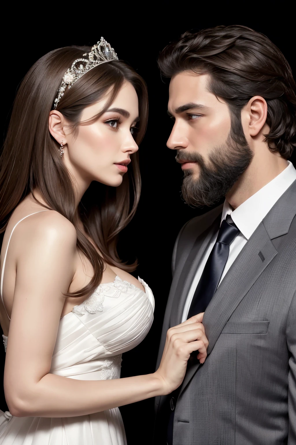 Couple looking at each other both handsome she dressed as a bride brown hair and eyes angelic face rosy mouth and he looking 37 hair with a few grey hairs beard manly body wearing a black suit real people and not like a drawing