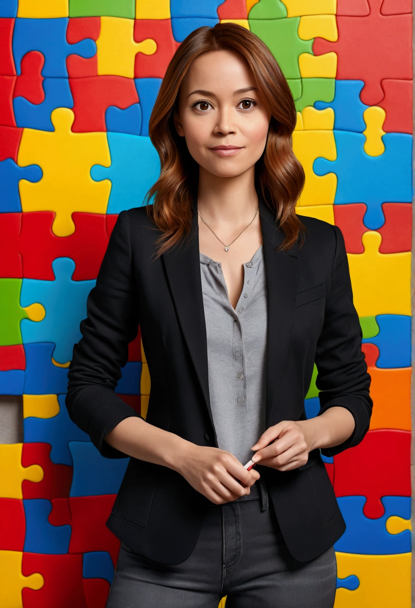 3D PIXAR STYLE POSTER. WOMAN 35 YEARS OLD, with light skin, MEDIUM BROWN HAIR ON THE SIDE, eyes browns, black blazer, black jeans pants, gray shirt, White sneakers, notebook in hand,  COLORFUL BACKGROUND WITH RED PUZZLE,  Unripe, azul e amarelo