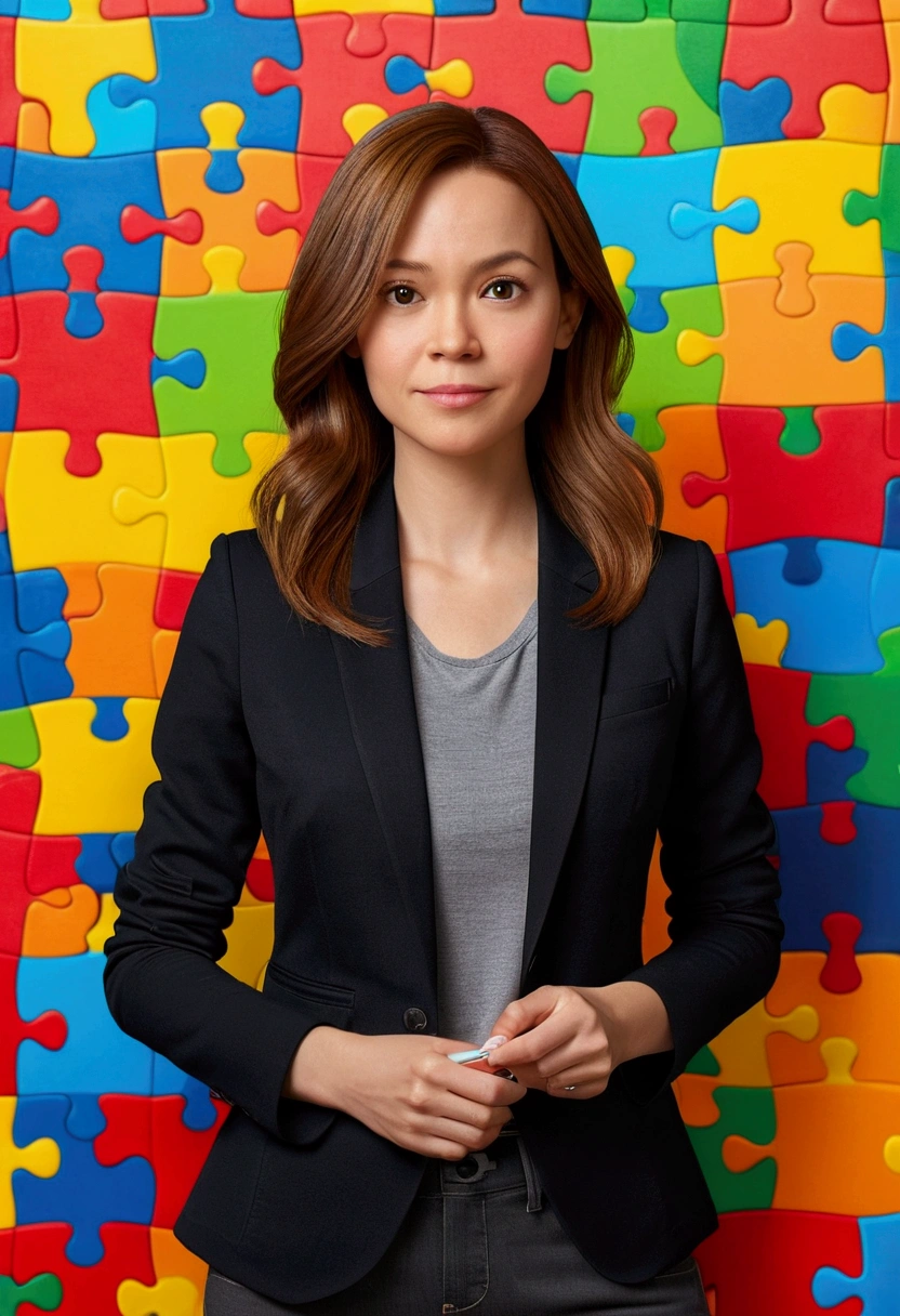 3D PIXAR STYLE POSTER. WOMAN 35 YEARS OLD, with light skin, MEDIUM BROWN HAIR ON THE SIDE, eyes browns, black blazer, black jeans pants, gray shirt, White sneakers, notebook in hand, COLORFUL BACKGROUND WITH RED PUZZLE, Unripe, azul e amarelo