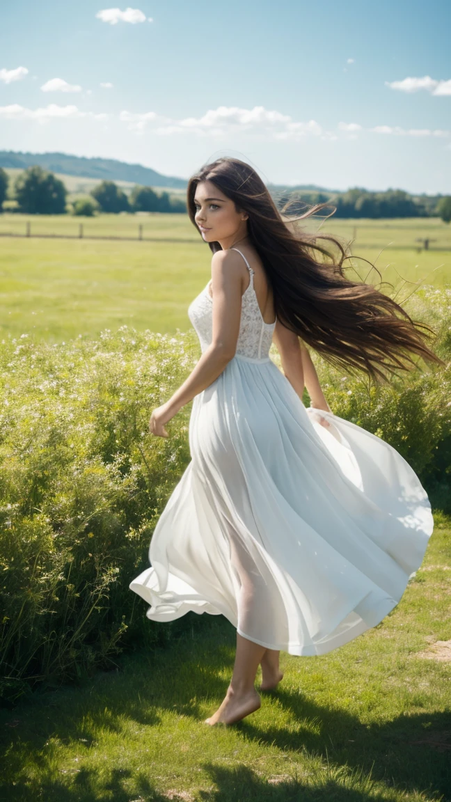 In an open countryside with a vast, grassy meadow that stretches out to the horizon, the sky is a clear, brilliant blue with a few fluffy white clouds scattered across it. The sun shines brightly, casting a warm, golden light over the landscape. In this serene setting stands an Italian girl with dark brown, wavy hair cascading down her back, gently moving in the breeze. Her hair is shiny and well-groomed, adding to her natural beauty. She has a round face with soft, gentle features, large round eyes with a deep brown color that sparkle with curiosity and wonder, and dark, well-defined eyebrows perfectly framing her expressive eyes. Her cute, slightly upturned nose gives her a youthful and endearing appearance, and her full, rosy lips are slightly parted in a smile that radiates joy and excitement. Her body is perfectly proportioned with a slender yet athletic build, graceful curves, and a posture that exudes confidence and freedom.

She is wearing a flowing white sundress that moves gently with the breeze. The dress has delicate lace details and a cinched waist, accentuating her figure, and the hem of the dress flutters lightly around her knees. She is barefoot, her feet lightly touching the tips of the grass, suggesting a connection with nature and a sense of freedom. The girl is holding onto a bunch of large, colorful balloons. These balloons are so buoyant and vibrant that they lift her slightly off the ground, with her dress and hair flowing and blending into the sky, giving the impression that she is becoming one with the clouds. The scene captures a moment of whimsical flight, where reality and fantasy beautifully intertwine.