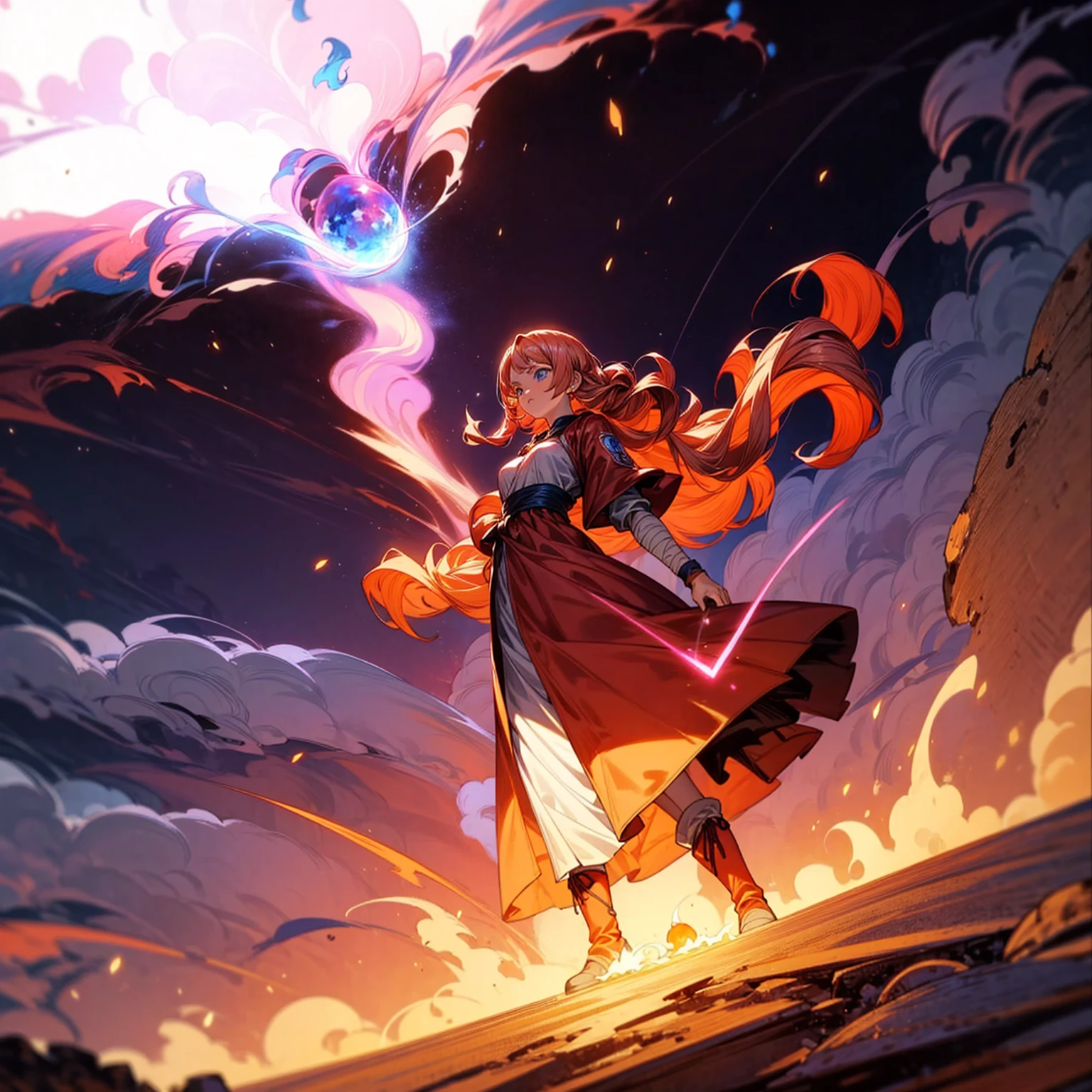 1woman, 1character, woman version, blue eyes, long Curly haircut, pink colour hair, Ancient Roman clothing, red colour clothing, long dress, boots, Bandage on hand, Grassroots, background in field town, motion blur, ((big fire burned in hand)), (dragon ball style art), (high angle view), smoke effect, aura effect, blue lighting, the largest blue fireball, Moonlight, moon, blue fireball light silhouette, blue fire, lightning flash, plasma effect 