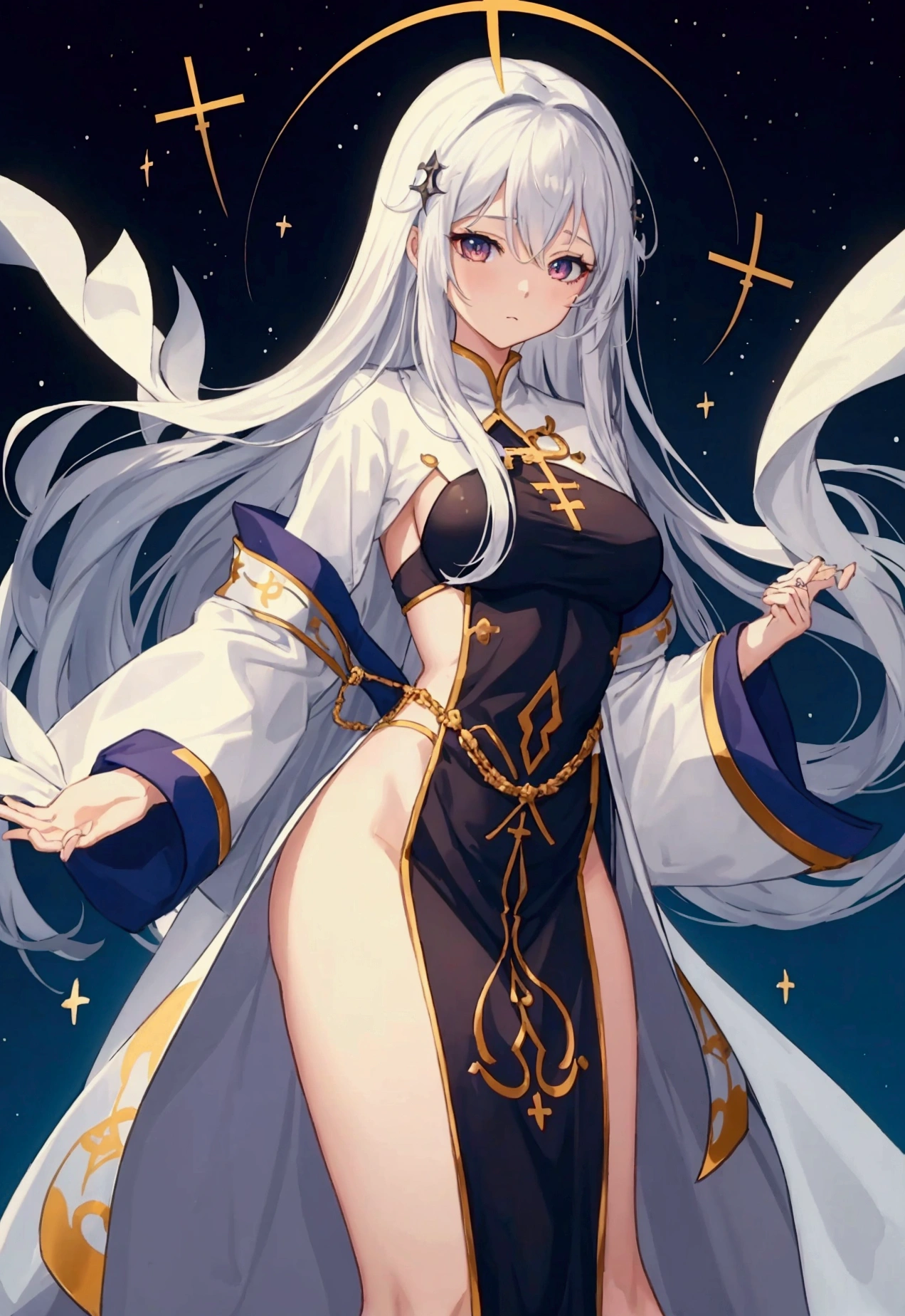 Anime girl with long white hair and black dress, White-haired God, Anime Goddess, portrait Zodiac Knight Girl, Zodiac Knight Girl, Best anime 4k konachan wallpaper, anime art wallpaper 4k, anime art wallpaper 4k, Anime Art Wallpapers 8K, artstation pixivでトレンド, 8K high quality, detailed art, Anime Style 4k