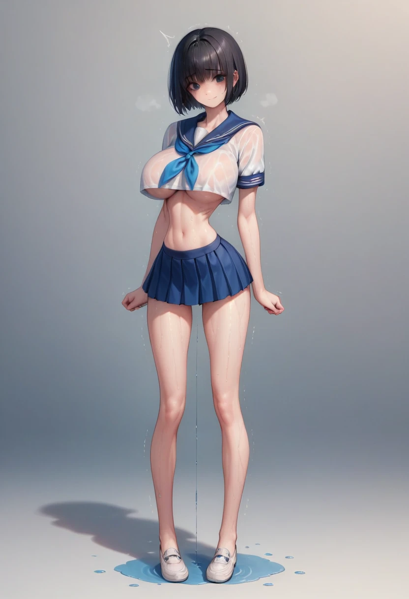 masterpiece, best quality:1.2), Realistic photo, front shot, beautiful thin 1girl, (super big breasts, micro waist, very long legs:1.3), Black hair, short bob hair, (Extremely skinny), short height, Light Skin, cute big eyes, Small Mouth, cute beautiful thin face, forced smile, serafuku, mini skirt, Arched back, pigeon-toed, Embarrassing pose, Long and thin navel, (beautiful visible ribs), wet and sweaty, Trembling