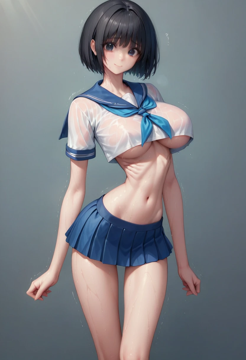 masterpiece, best quality:1.2), Realistic photo, front shot, beautiful thin 1girl, (super big breasts, micro waist, very long legs:1.3), Black hair, short bob hair, (Extremely skinny), short height, Light Skin, cute big eyes, Small Mouth, cute beautiful thin face, forced smile, serafuku, mini skirt, Arched back, pigeon-toed, Embarrassing pose, Long and thin navel, (beautiful visible ribs), wet and sweaty, Trembling