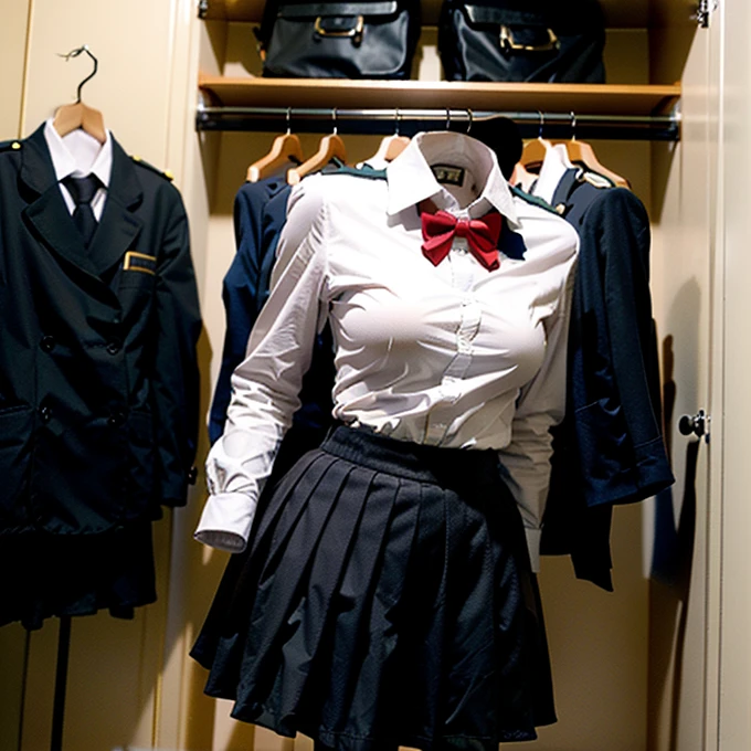 hang on hanger, (invisible:1.7, no humans:1.7, Headless:1.7, Handless, Faceless:1.7), (cute big breasts:1.7), (Close-up of breasts), (hanger school uniforms in a closet swells as if possessed by invisible girl:2), (8k, original photo, best quality, masterpiece:1.2), (actual, photo-actual:1.37), Photon Mapping, Light energy transfer, ((Hasselblad Photography)), Physically based rendering