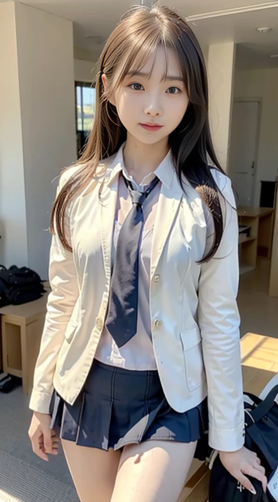 mix4, (16K, Raw photography, Top image quality, masterpiece: 1.45), (realisitic, Photorealsitic: 1.37), one girls, cute little, A city scape,, profetional lighting, photon maping, school classrooms, physically-based renderingt, dark brown hair,pony tail hairstyle, Well-groomed and beautiful eyes、((double eyelid))、Transcendent Cute Girl, (((student clothes、blazers、Long sleeve shirt worn by Japan high school girl、Ribbon Ties、Dark blue mini skirt,、Dark blue socks、Black loafers))), Top Quality Photos, hight resolution, 1080P, (clearface), (Detailed face description), (Detailed hand description), (masterpiece), (Exquisite CG)、extreme light and shadows、dishevled hair、master work、abundant detail、(Fine facial features)、(top quality photo)、(masuter piece)、(A detailed eye)、Look in front of you、Fine clavicle、((Slender big))、(((Japan schoolgirls wear jackets and long-sleeved shirts)))、((Neat and clean idol))、((School Gate、school ground、School building in the background))、(Shooting from random perspectives)、(((Anyway cute)))、earrings、A big smile、Drawing the whole body from the knees、Do not draw nasolabial folds、(((Sports bags used by Japan schoolgirls)))、Two arms and two legs、(((from the front side:0.7)))、bare hand、(((Left and right symmetrical eyes)))、Standing Pose、Put your hands on your desk、Do not take the tie out of the jacket、Raise your buttocks:1.5,barebacked:1.5,
