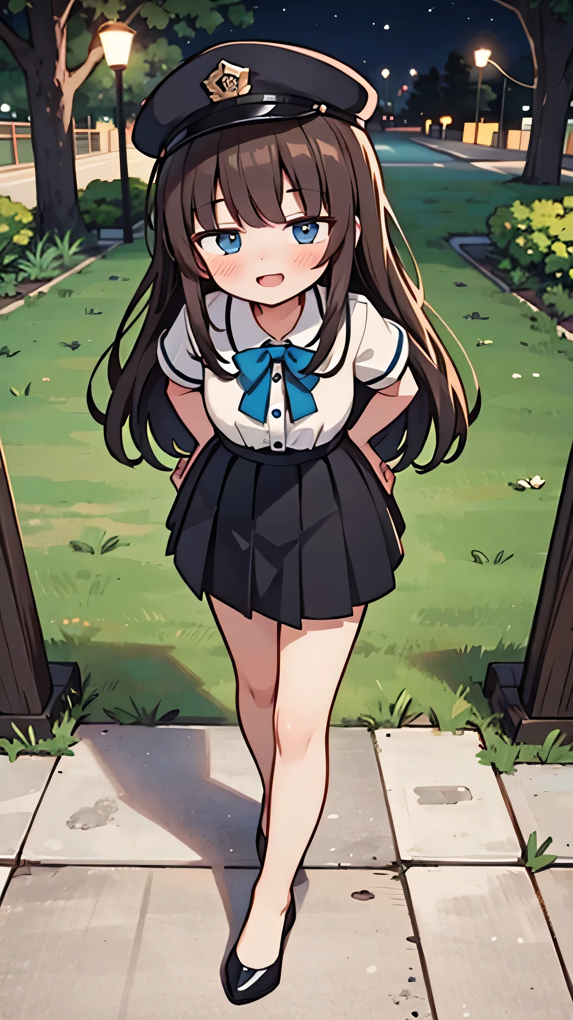 {Highest quality}, {Super beautiful},{Ultra fine},{Best illustration},Brown Hair,Hime cut,semi-long,Bangs,Standing Woman,Uniform cap,White Shirt,Short sleeve,Long black skirt,Night Park,Embarrassed,smilingly,Blushing,Slender women, A woman wearing plain black pumps,Bare feet and pumps,From an angle,From above,Place hands on hips,Spread your legs