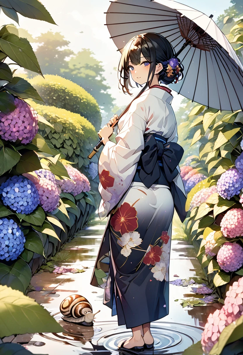 (One japanese woman:1.5), (Adult japanese women:1.5), (slender:1.3), Black Hair, short hair, Wearing a floral pattern yukata, Holding a white Japanese umbrella, Backshot, Look back at the camera, Hydrangea in the foreground, (One Snail on a hydrangea leaf:1.0), Looking at hydrangeas, Sky after rain, Puddle on the ground