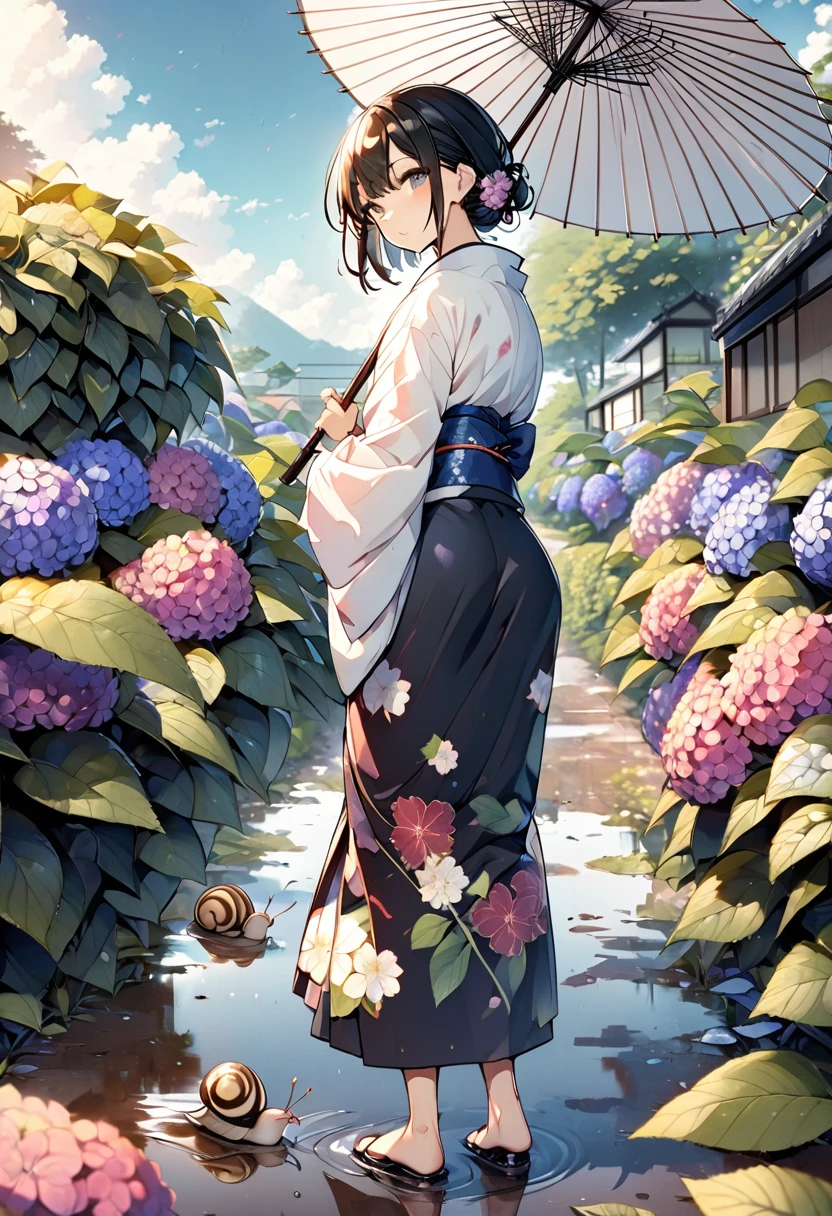 (One japanese woman:1.5), (Adult japanese women:1.5), (slender:1.3), Black Hair, short hair, Wearing a floral pattern yukata, Holding a white Japanese umbrella, Backshot, Look back at the camera, Hydrangea in the foreground, (One Snail on a hydrangea leaf:1.0), Looking at hydrangeas, Sky after rain, Puddle on the ground