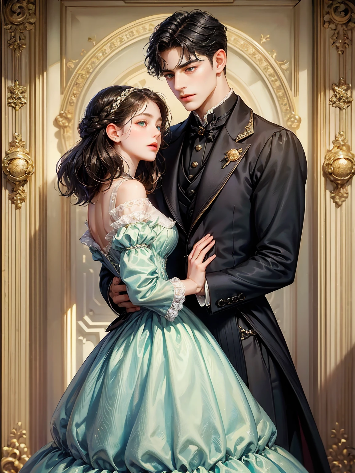 Couple, 1 girl 1 boy. Different hair color, chignon black hair and green eyes, small breast, victorian era unglued dress, short black hair, wavy hair and (sky blu eyes) , male Victorian era dress. They look at the viewers. They hug. Background inside of a hall
