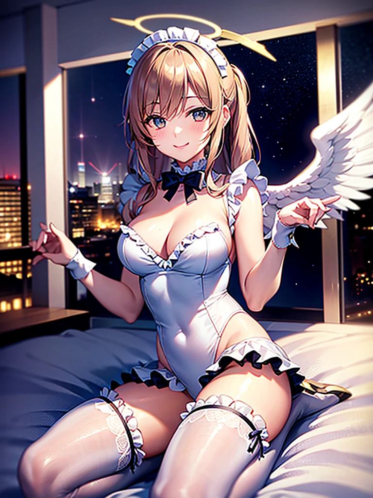 Highest Resolution,8K quality,Smiling beautiful girl in maid leotard,High leg,(((Frills))),White angel wings on your back,Halo,Bedroom,Night view outside the window,Very beautiful eyes,whole body,front,Knee-high stockings,Drink,