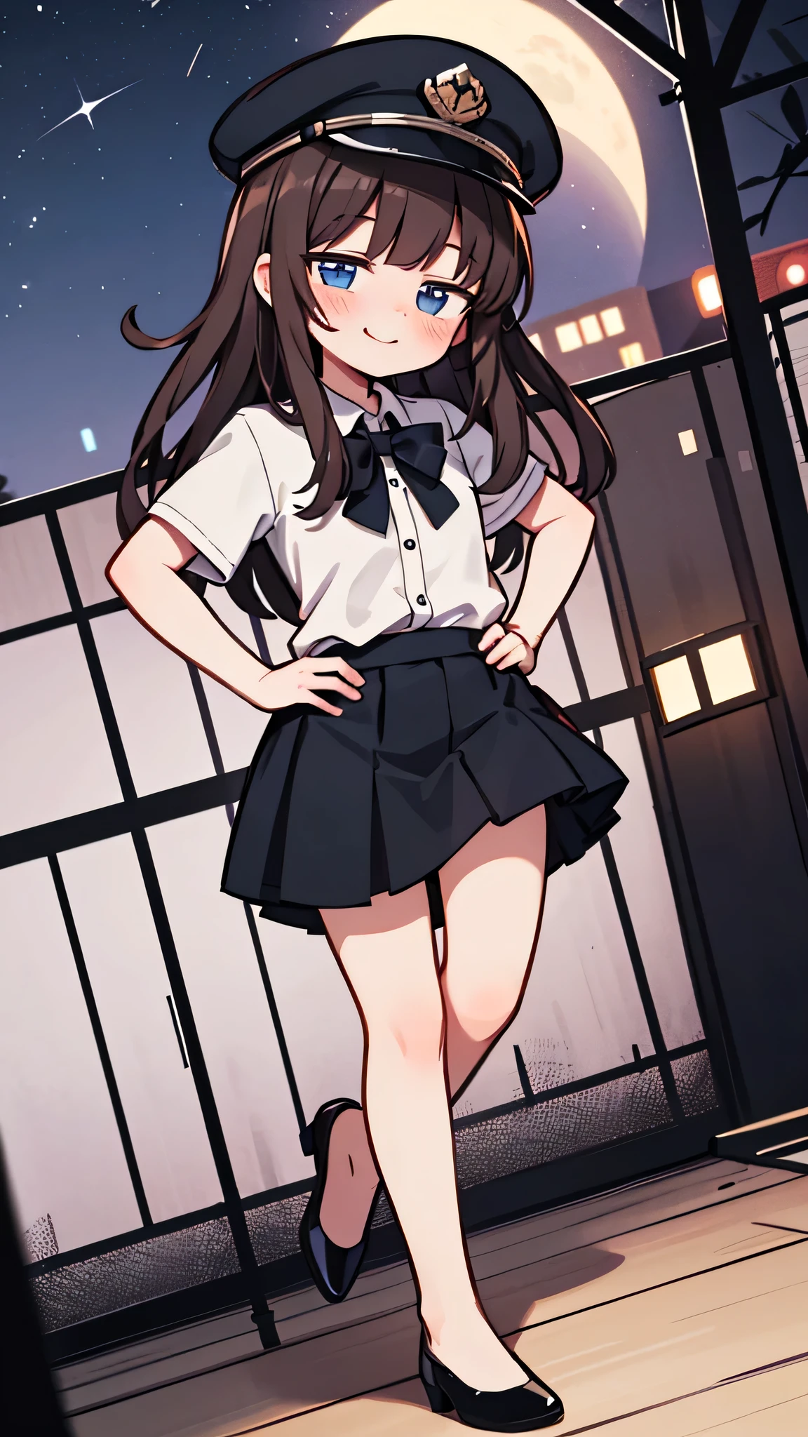 {Highest quality}, {Super beautiful},{Ultra fine},{Best illustration},Brown Hair,Hime cut,semi-long,Bangs,Standing Woman,Uniform cap,White Shirt,Short sleeve,Long black skirt,Night Park,Embarrassed,smilingly,Blushing,Slender women, A woman wearing plain black pumps,Bare feet and pumps,From an angle,From above,Place hands on hips,Raise one leg