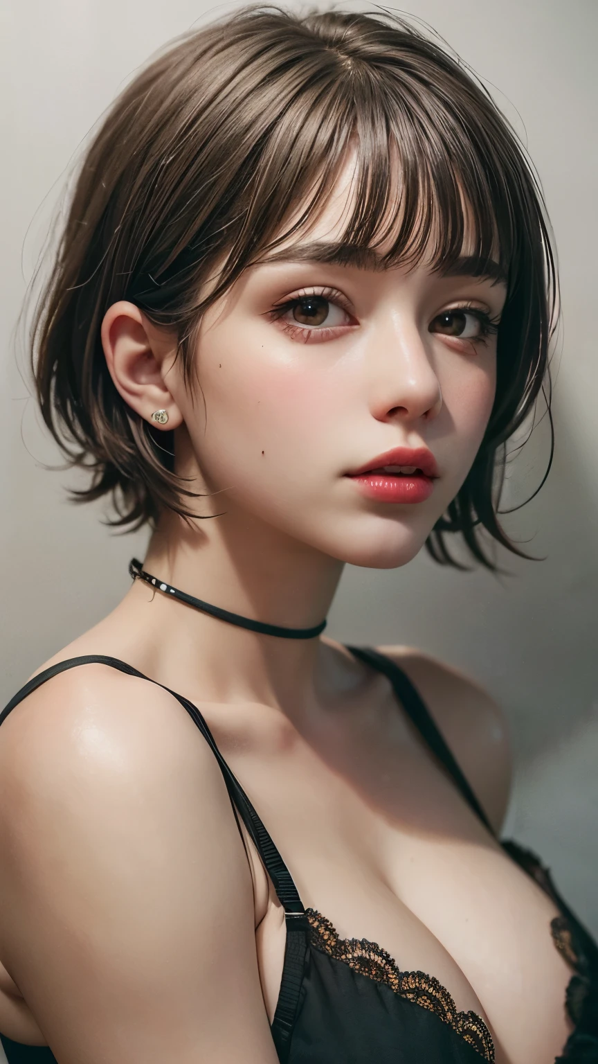 Masterpiece hyperrealist & Photorealistic beautiful girl, Realistic Skin (Pore-filled skin) Short Bob Cut Hair, Realistic red lips,Punk Girl, (head shot:1.5),Shorts