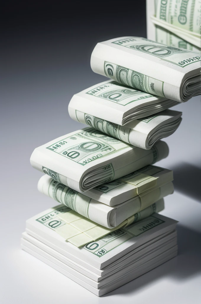 A pile of money on a white space, forming a sculpture of the number one and number five money bills.