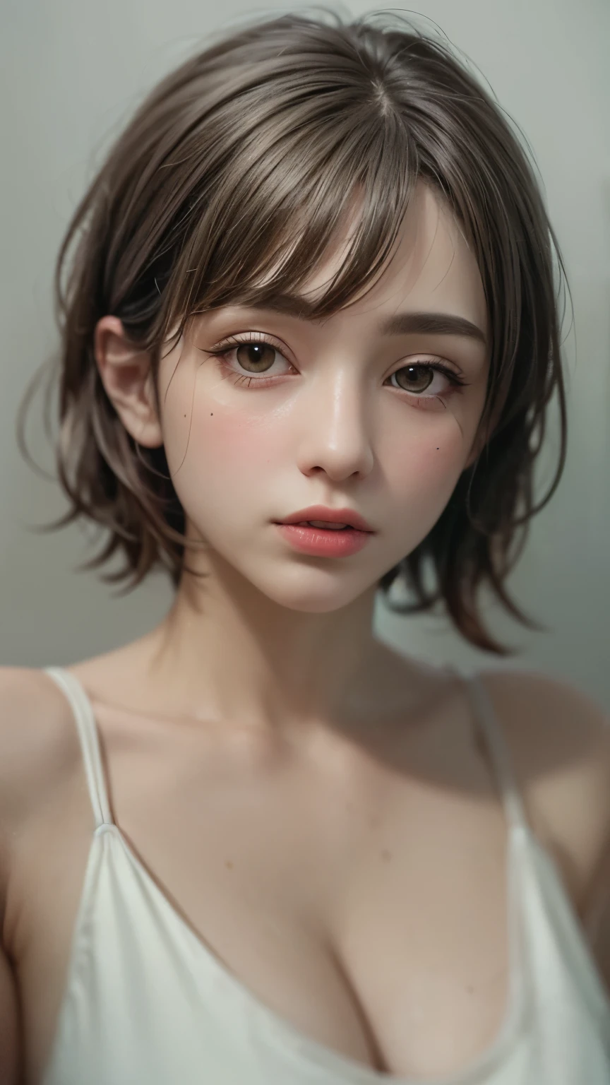 Masterpiece hyperrealist & Photorealistic beautiful girl, Realistic Skin (Pore-filled skin) Short Bob Cut Hair, Realistic red lips,Punk Girl, (head shot:1.5),Shorts