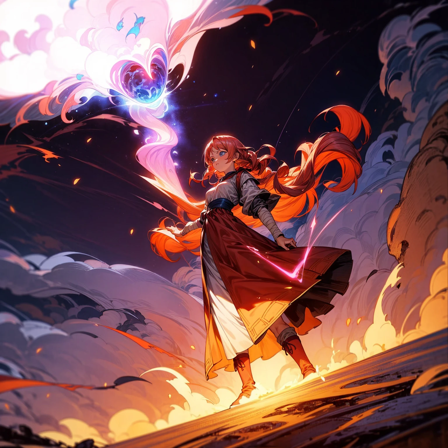 1woman, 1character, woman version, blue eyes, long Curly haircut, pink colour hair, Ancient Roman clothing, red colour clothing, long dress, boots, Bandage on hand, Grassroots, background in field town, motion blur, fire burned in hand, (dragon ball style art), (high angle view), smoke effect, aura effect, blue lighting, (the largest blue fireball), Moonlight, moon, blue fireball light silhouette, blue fire, lightning flash, plasma effect 