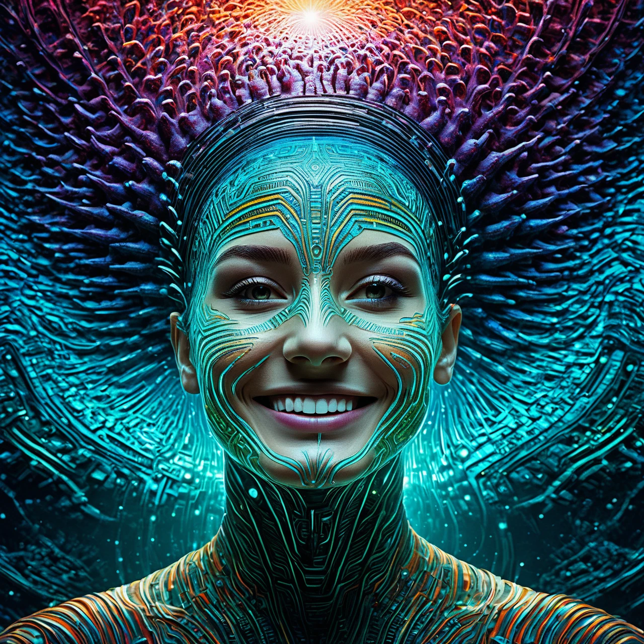 a  with a full head of intricate scars, smiling at a group of impressionistic, alien-like creatures, in a fantastical, otherworldly environment, vibrant colors, cinematic lighting, by Aleksi Briclot and Quentin Deronzier

a geometric diagram of a classically beautiful face, inspired by the BeautyPlus project, showcasing the intricate distortions and movements of the zygomatic and occipital regions, bathed in an impressionist, almost organic color palette, Zoroastrian-influenced