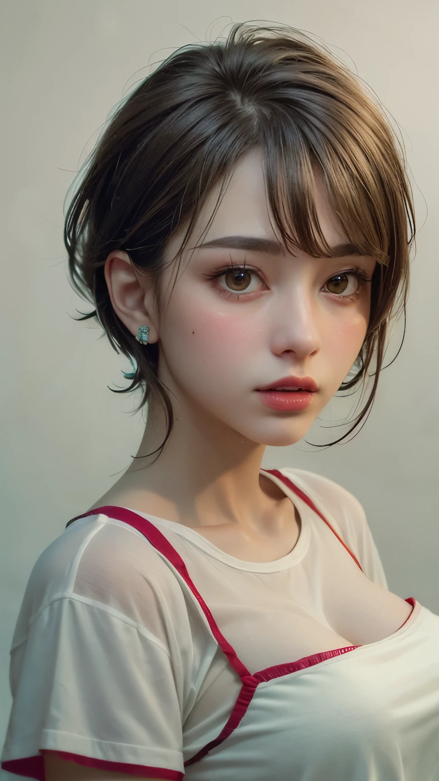 Masterpiece hyperrealist & Photorealistic beautiful girl, Realistic Skin (Pore-filled skin) Short Bob Cut Hair, Realistic red lips,Punk Girl, (head shot:1.5),Shorts