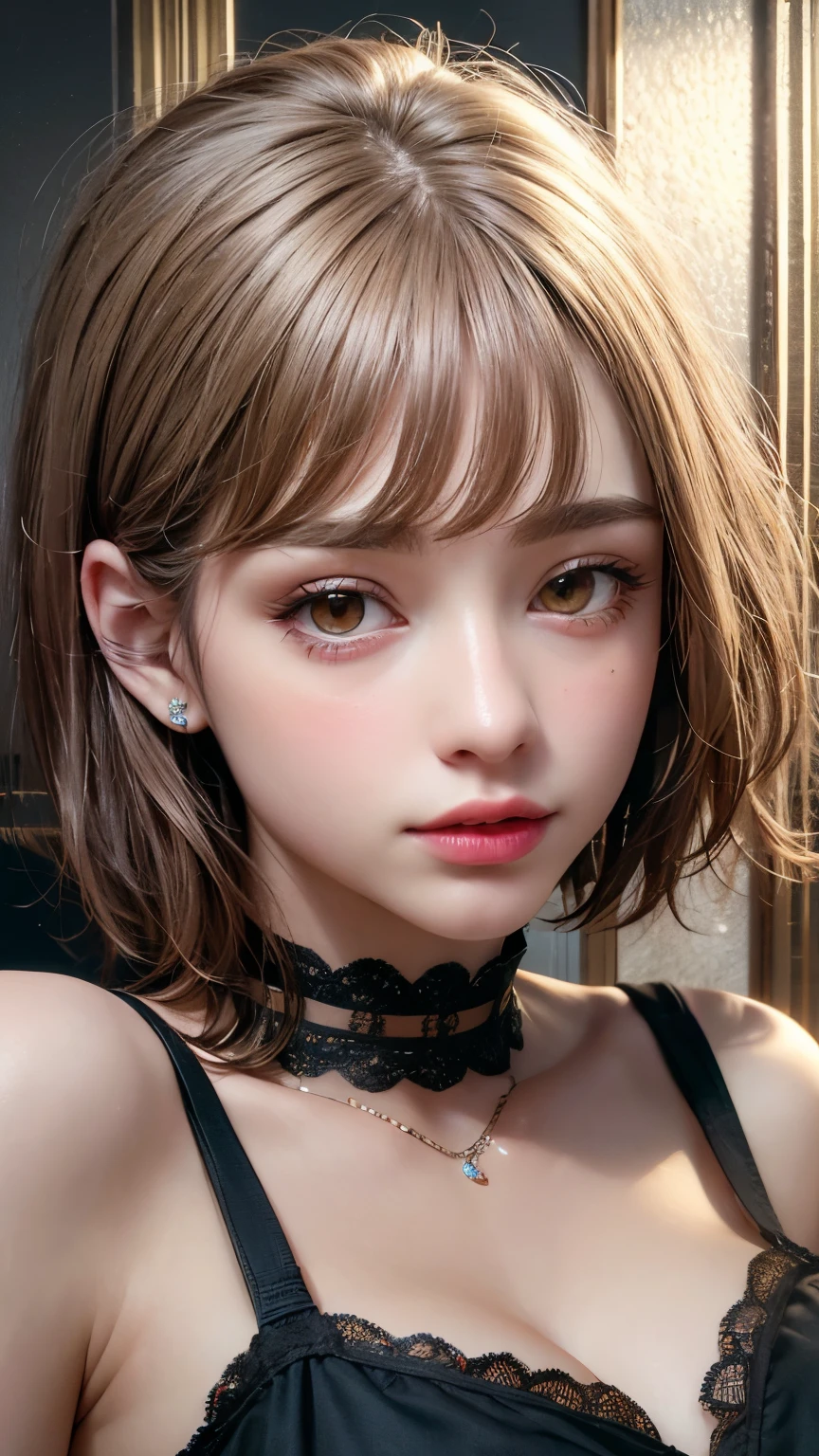 Masterpiece hyperrealist & Photorealistic beautiful girl, Realistic Skin (Pore-filled skin) Short Bob Cut Hair, Realistic red lips,Punk Girl, (head shot:1.5),Shorts