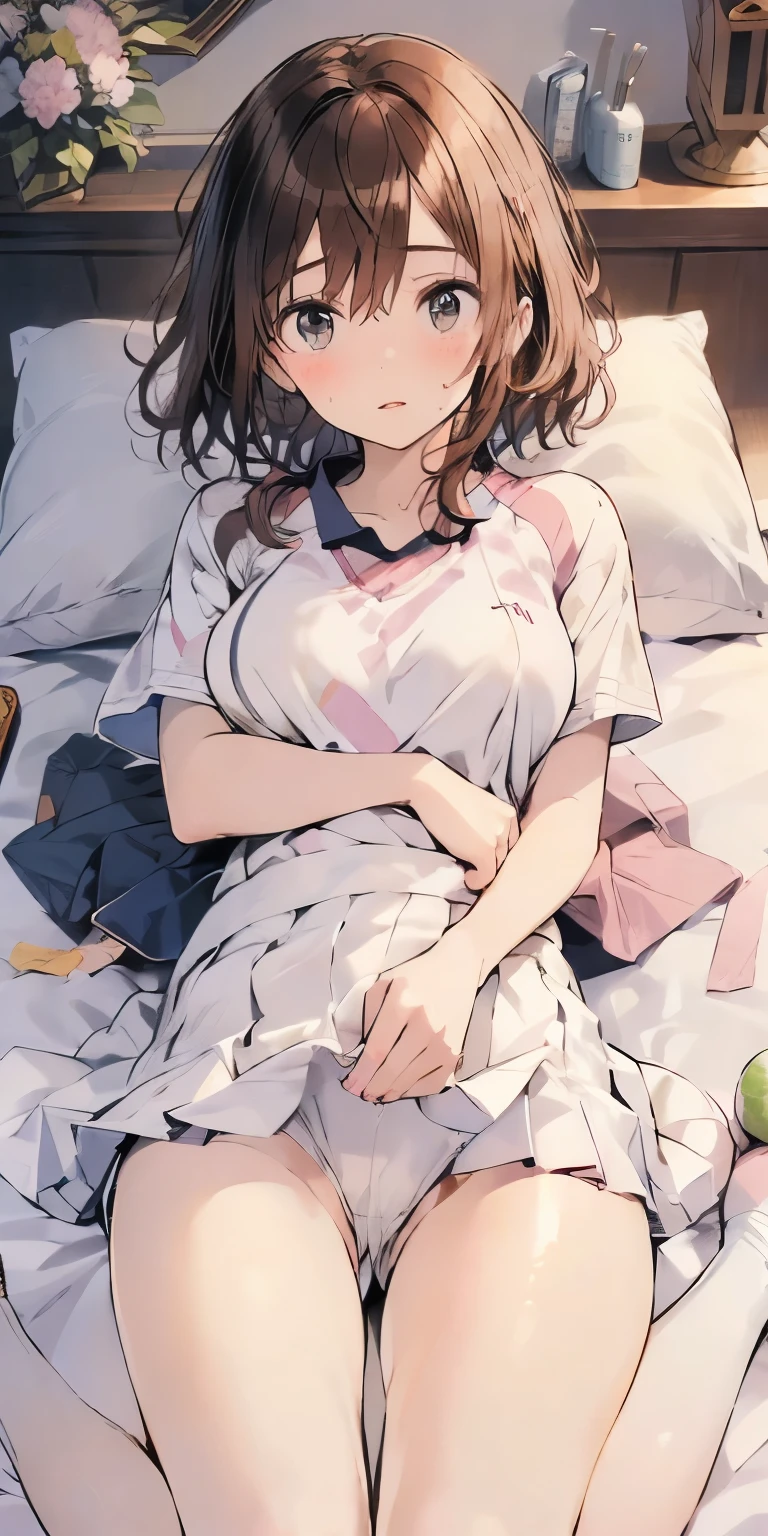 (masterpiece: 1.3), (Maximum resolution: 1.2), (Ultra High Definition TV: 1.2), Cinematic Light, 8K resolution, Detailed facial features , (Sharp focus: 1.2）, (Focus on the face:1.2),Perfect Style, Beautiful Face, Acura, Anatomically correct, Highly detailed face and skin texture, Beautiful Eyes,Beautiful Eyes, Natural Cheeks, Glowing Skin, Fair skin: 1.2, (Glossy Lips: 1.4),、 (Embarrassed look: 1.2),Highly detailed face and skin texture, Beautiful Eyes, double eyelid, Natural Cheeks, , Glossy Lips: 1.4,Exposed cleavage、（White mucus on chest:1.4）（White mucus on thighs:1.2）、 blush、Humiliating、Expressions of embarrassment、Please open your knees、Expressions of anger、Big Breasts、dissatisfaction、Spread your legs、 、Sparkly little earrings and a rosary、Disheveled clothes、Exposed panties、Drenched in sweat、、Stockings Long Hair、 Clean woman,1 person、 I am proud, Old bedroom、、brown Hair、Short Hair、Dark blue eyes,(((tennis wear :1.3)))、(((pleated miniskirt))),(((exposed white panties))),detailed race panties,dissatisfaction、Masturbate、blush、Embarrassed face、Arms raised above heace in ecstasy、Eyes closed、(((pov))),(((Wear a pink taste tennis player uniform)))、high socks、navy colored socks,Plain clothes ,((tennis wear))、dynamic angle,dropping eyes,(((spreading legs open wide with knees bent,creating the shape of the letter M))),,((())),(((in hotel))),(((lying down on the bed))),((lying down on white sheets))