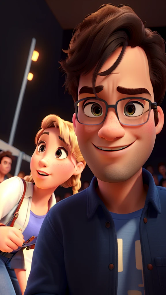 (best quality,highres,masterpiece:1.2), Disney Pixar style couple in a theater, ultra-detailed, (realistic,photorealistic,photo-realistic:1.37), vibrant colors, theatrical lighting