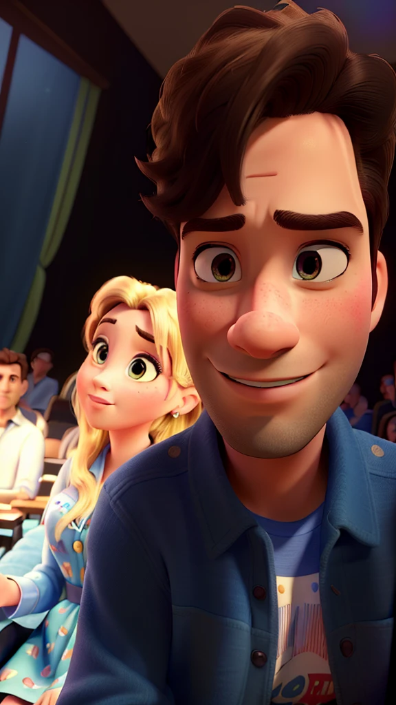 (best quality,highres,masterpiece:1.2), Disney Pixar style couple in a theater, ultra-detailed, (realistic,photorealistic,photo-realistic:1.37), vibrant colors, theatrical lighting