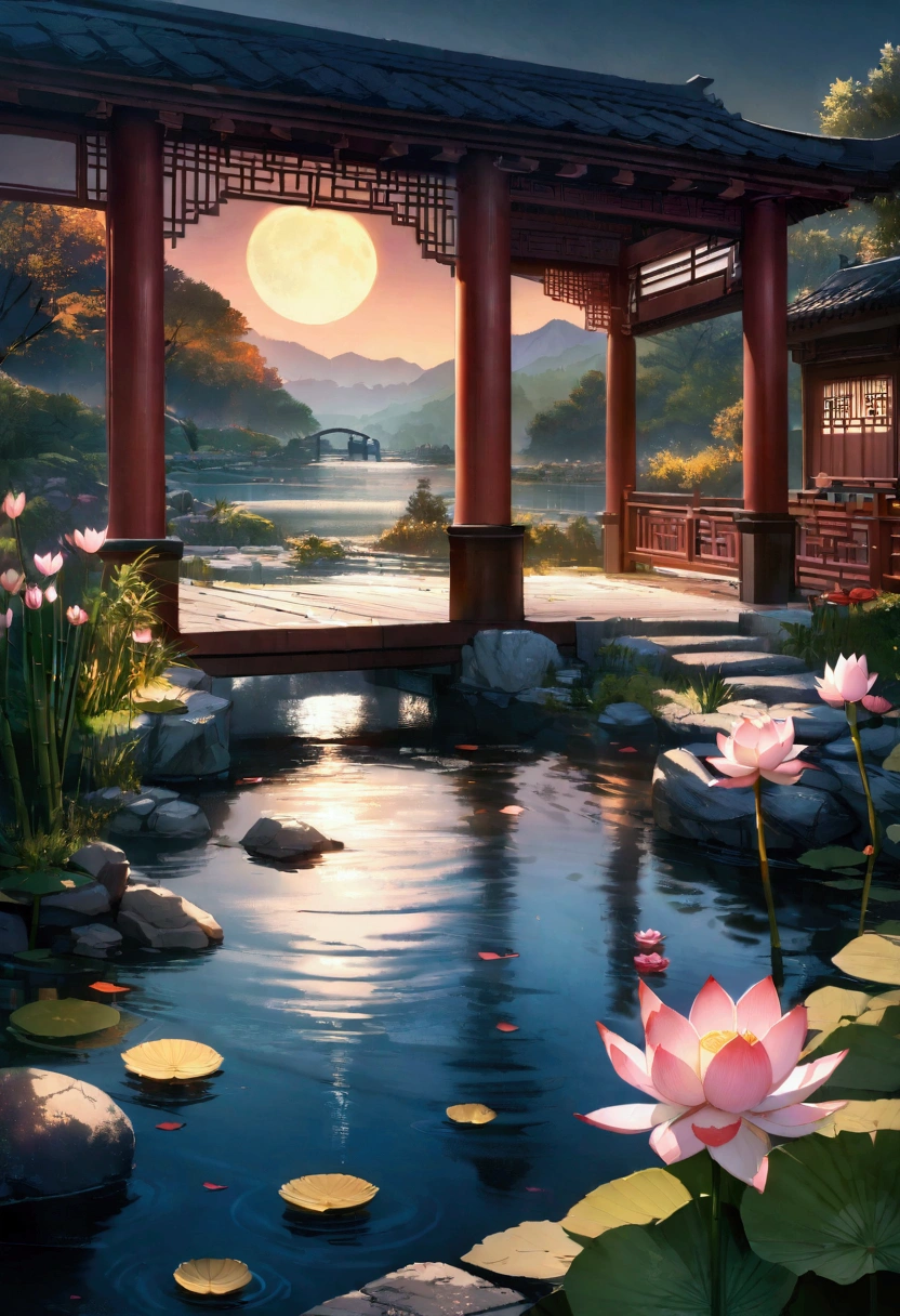 Ancient Chinese architecture, moon, midnight, garden, bamboo, lake, stone bridge, rockery, arch, corner, wood, Water Flow, landscape, outdoor, Fall, Grass, rock, Lotus, spa, water vapour, (digit: 1.0), magnificent composition, Realistic lighting, High quality details, masterpiece, best quality, (Highly detailed CG Unity 8K) - 六點bell'bell