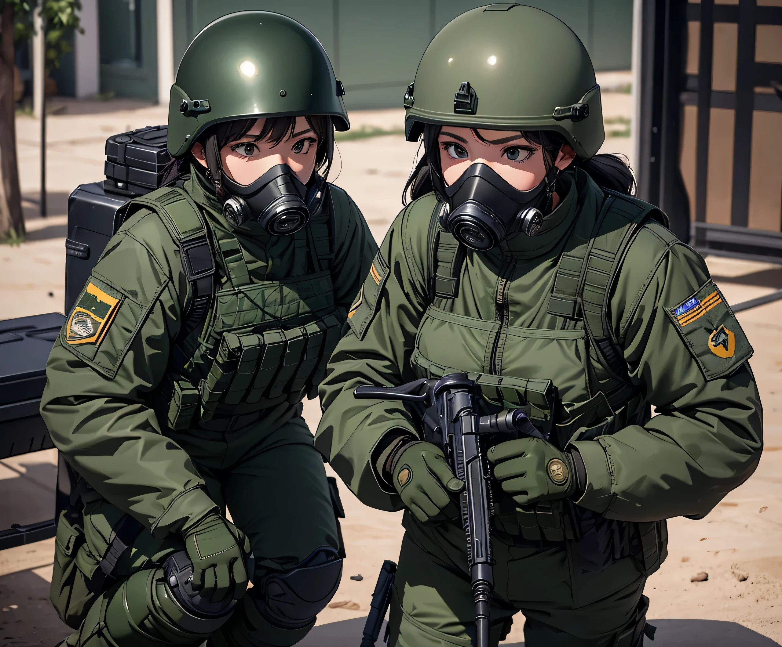 A group of female special forces soldiers wearing helmets、Wearing dark green M-51 military uniform、Gas Mask、Goggles、Bulletproof vests、Knee pads、Write details、masterpiece、best quality、Highly detailed CG、8K picture quality
