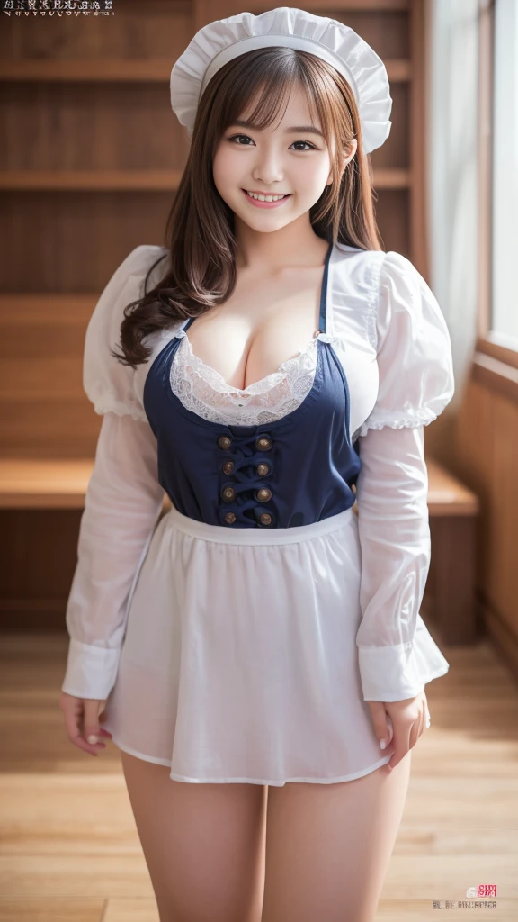 (Highest quality,masterpiece:1.3,Ultra-high resolution),(Very detailed,8k),(Realistic:1.4,RAW shooting)。Blurred Background、The best smile。A cute, 20-year-old maid、Plump figure。She's naked。Maid's Headband。Naked with a bow tie。Sexy Panties。Standing in the garden。