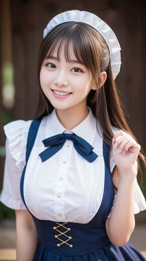 (Highest quality,masterpiece:1.3,Ultra-high resolution),(Very detailed,8k),(Realistic:1.4,RAW shooting)。Blurred Background、The best smile。A cute, 20-year-old maid、Plump figure。She's naked。Maid's Headband。Naked with a bow tie。Sexy Panties。Standing in the garden。