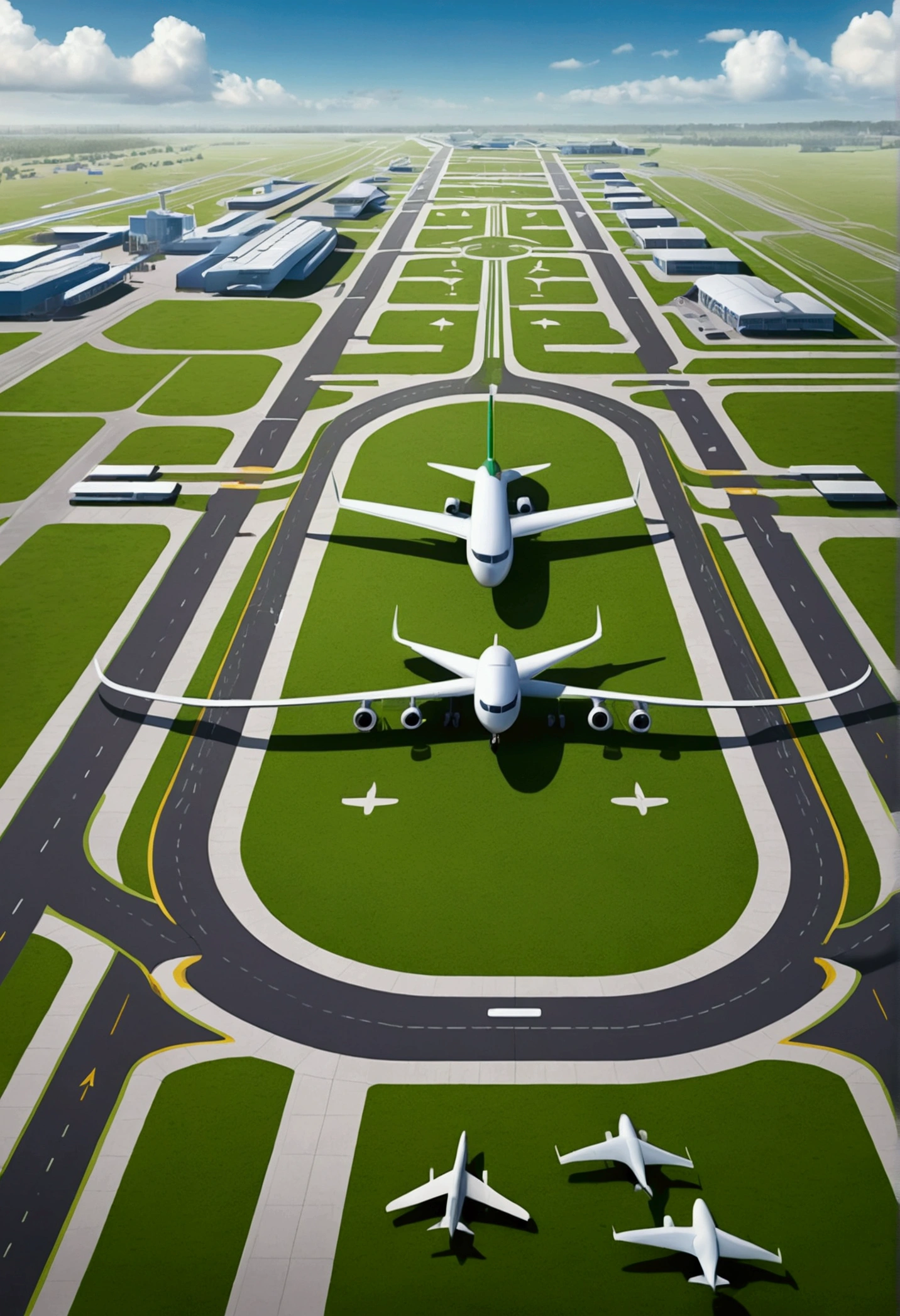 Create a digital illustration of an airport with parallel runways that are connected at the edges. The runways should be long and straight, with clear markings and lights along the sides. Surround the runways with green grass fields, and include some small buildings and hangars in the background. The sky should be clear with a few scattered clouds, and the overall scene should have a realistic and clean look.