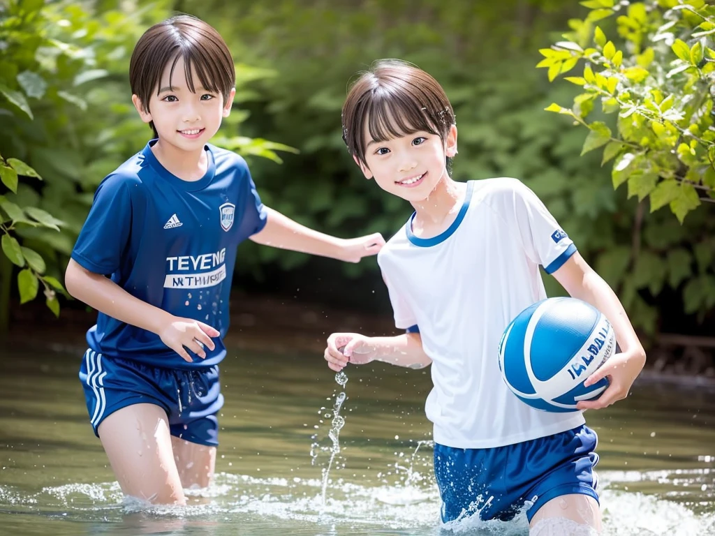 In the forest、 in the countryside、Swimming in the river、Bathing in water、Cute eletary  boy、Boy in gym clothes、The bottom of the white T-shirt is blue、Blue shorts、The boys are playing、Get wet all over、Noisy boys、Splashing Water、Japanese、（Boy 1.4）、high resolution